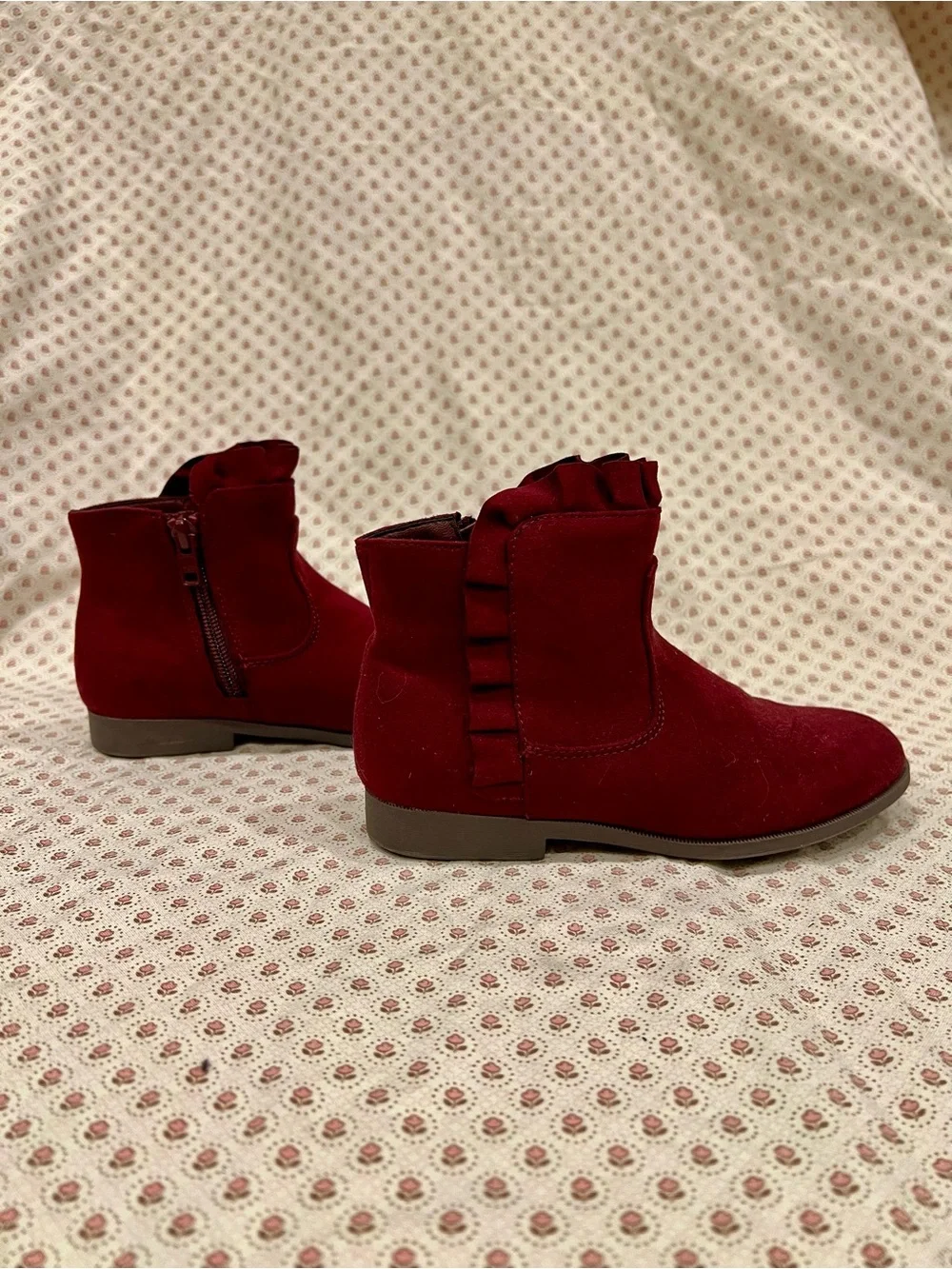 H&M Girl Burgundy Suede Ankle Boots - Stylish Ruffle Top. Size 12